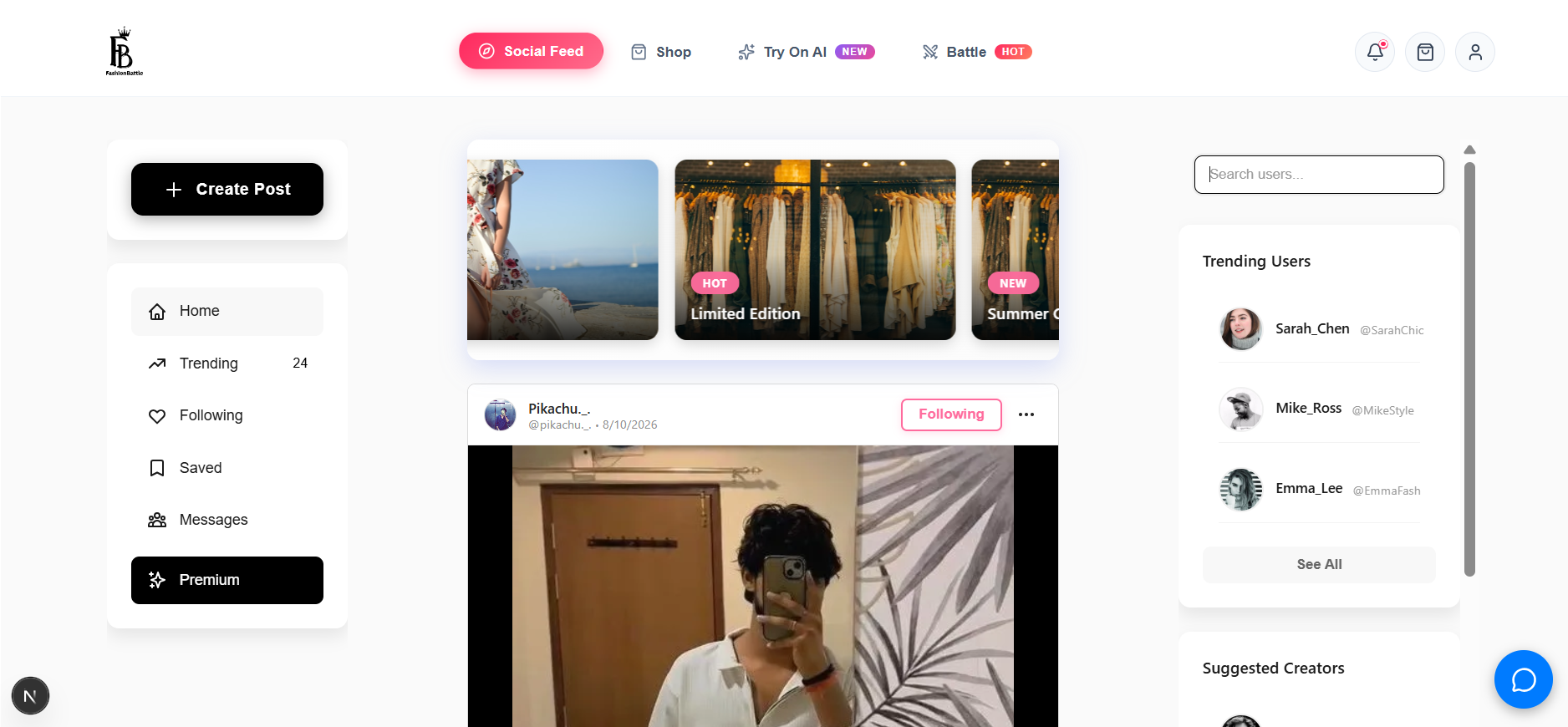 Social feed of outfit posts with likes and style battles